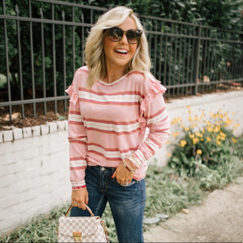 Anthropologie Women's XS Top Striped Pink Ruffle Sleeve NWT